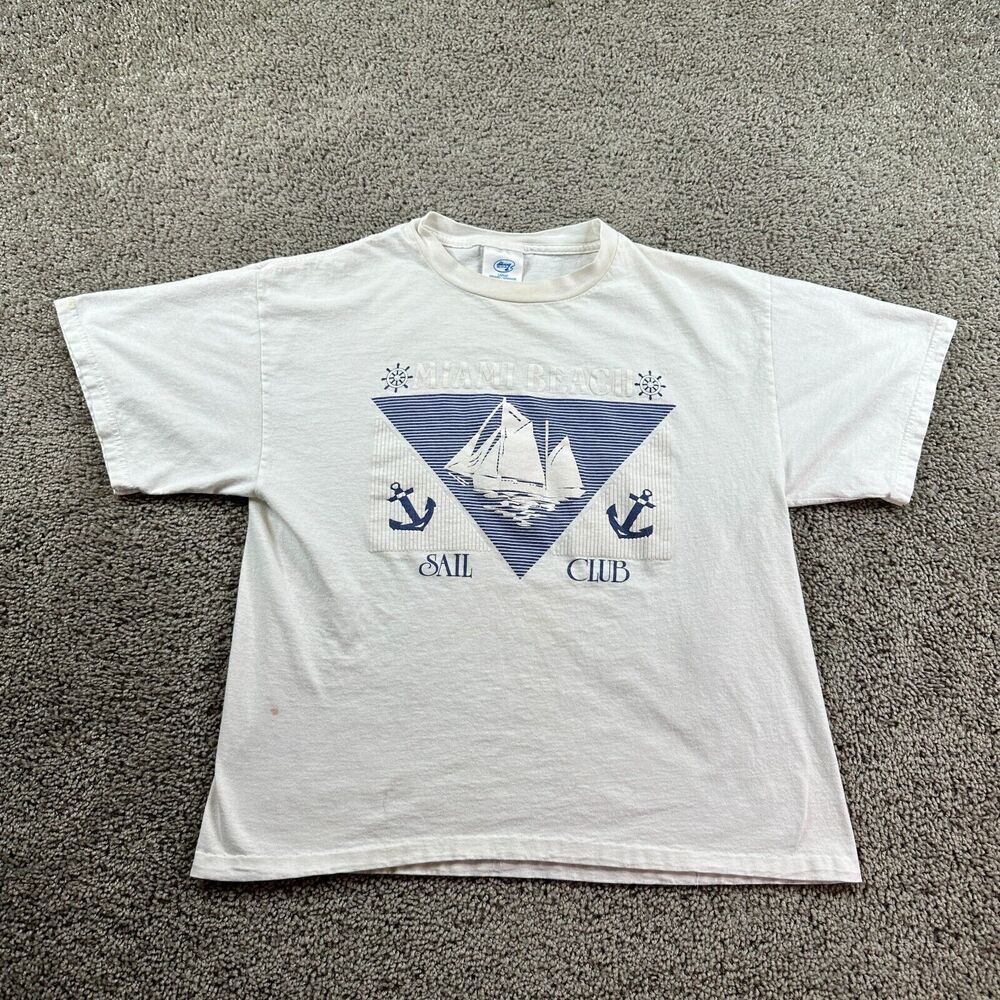 VINTAGE Miami Beach Shirt Womens L White Blue Sail Club Short Sleeve 90s FLAW